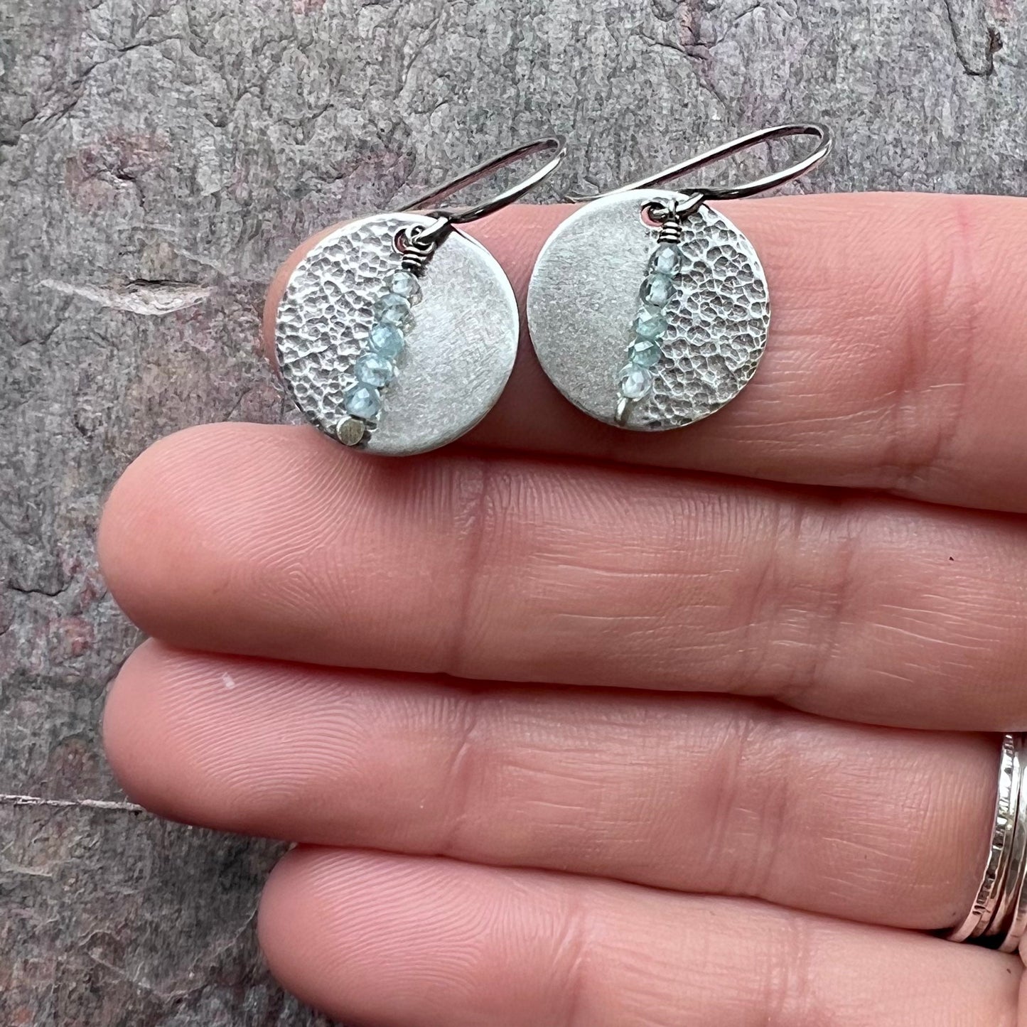 Sterling Silver and Light Blue Zircon Textured Circle Earrings