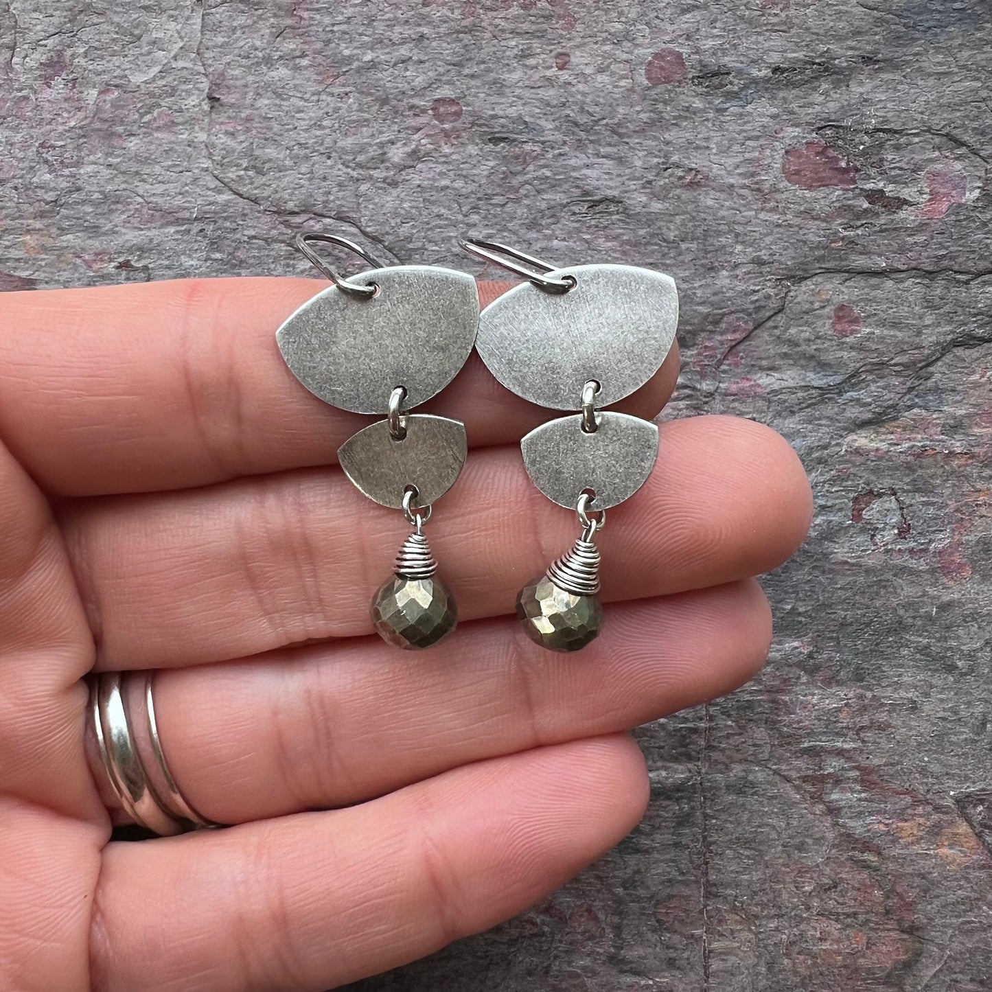 Pyrite Sterling Silver Earrings - Faceted Pyrite Briolettes on Curved Sterling Silver Discs