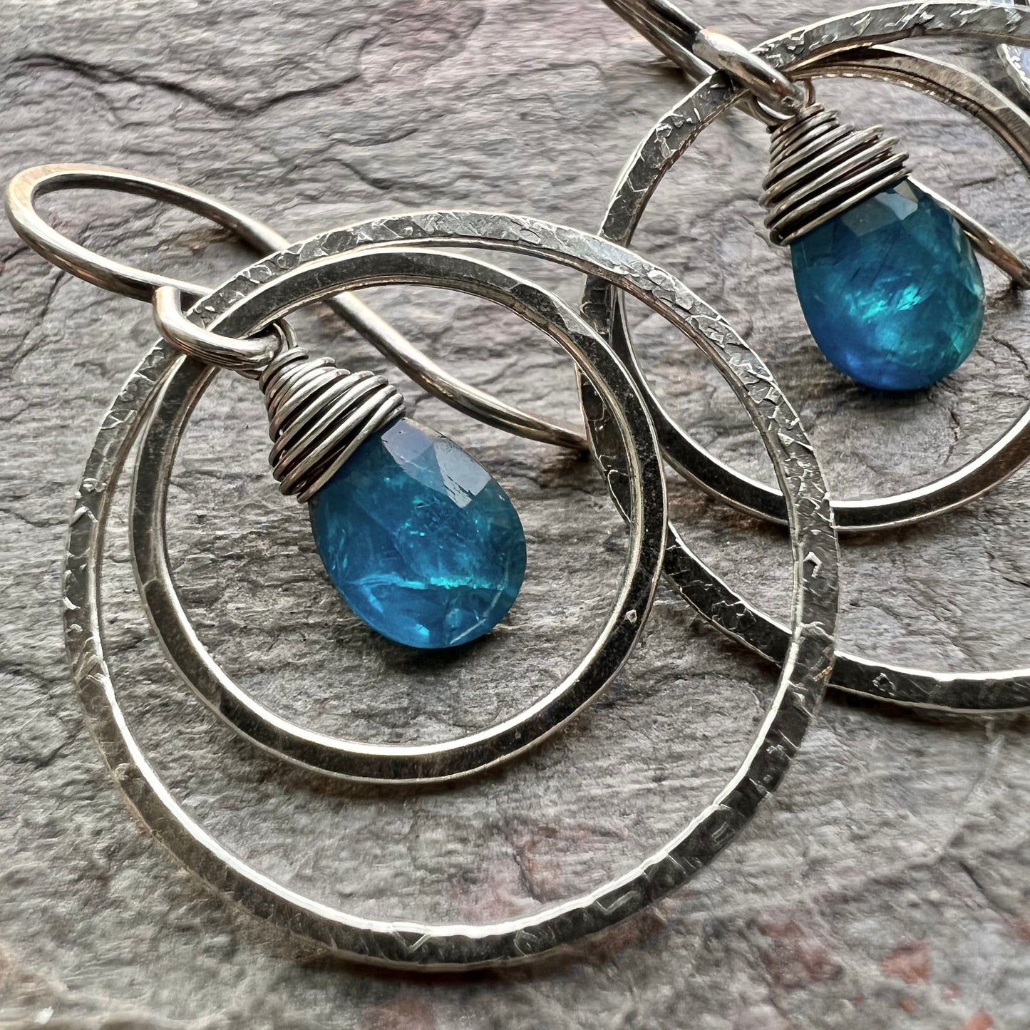 Sterling Silver Apatite Earrings - Apatite Teardrops in Hammered Sterling Silver Rings