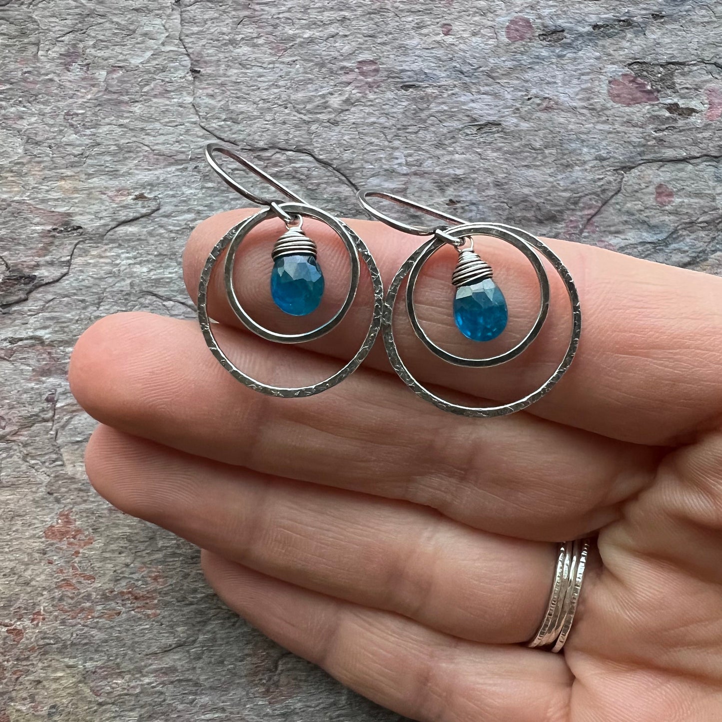 Sterling Silver Apatite Earrings - Apatite Teardrops in Hammered Sterling Silver Rings