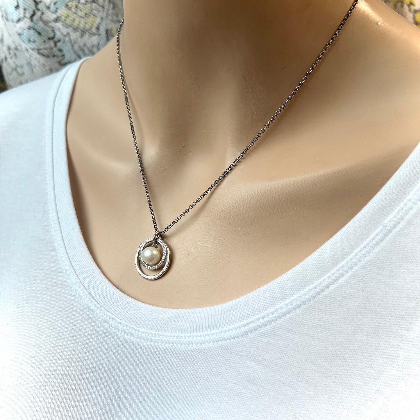 Sterling Silver Pearl Necklace Genuine Fresh Water Pearl in Hammered Rings Pendant