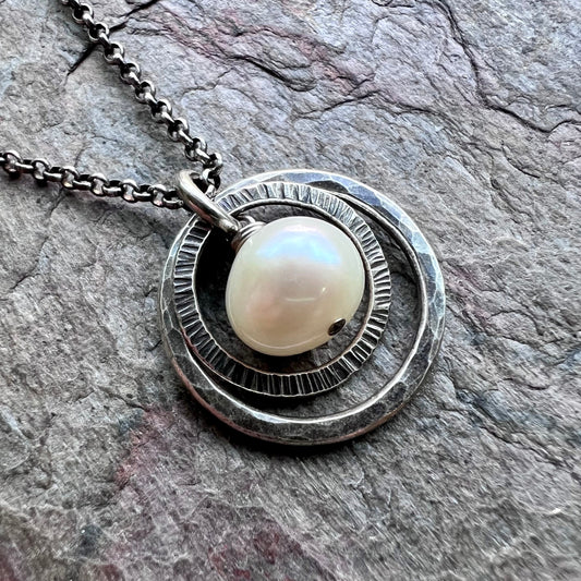 Sterling Silver Pearl Necklace Genuine Fresh Water Pearl in Hammered Rings Pendant