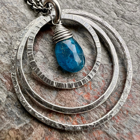 Sterling Silver Apatite Pendant Necklace - Three Textured Rings on Sterling Silver Chain