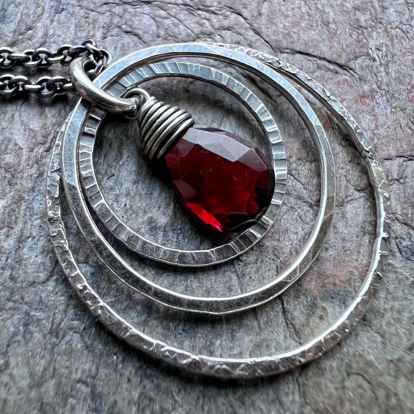 Garnet Sterling Silver Necklace - Genuine Garnet and Hammered Rings Pendant on Sterling Silver Chain