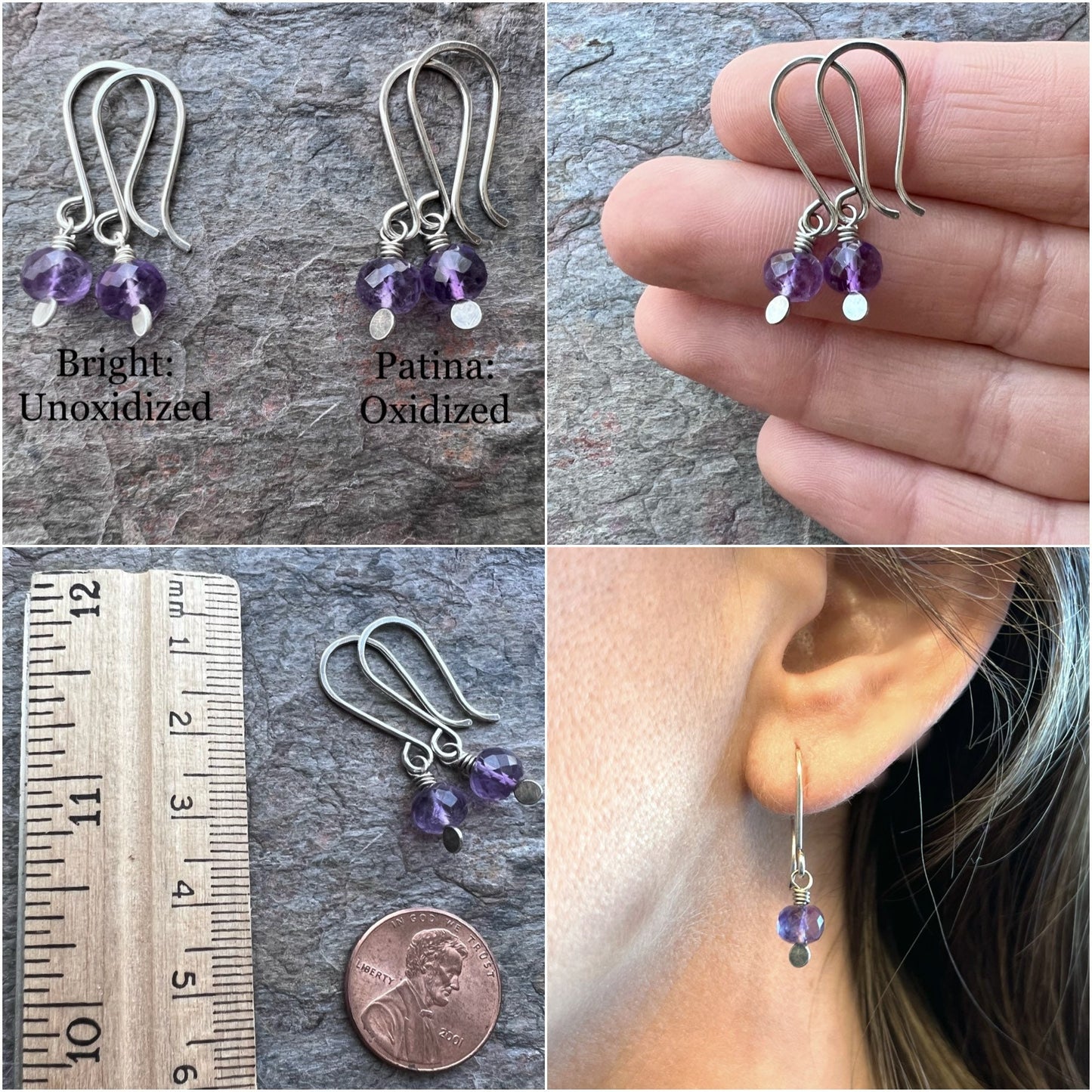 Amethyst Sterling Silver Earrings - Genuine Amethyst Gemstones on Handformed Sterling Silver Earwires