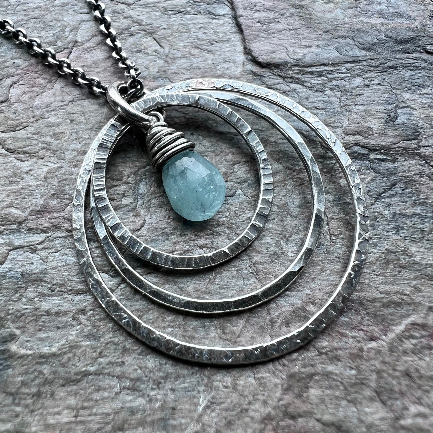 Aquamarine Sterling Silver Necklace - Genuine Aquamarine and Hammered Silver Rings Pendant on Sterling Silver Chain