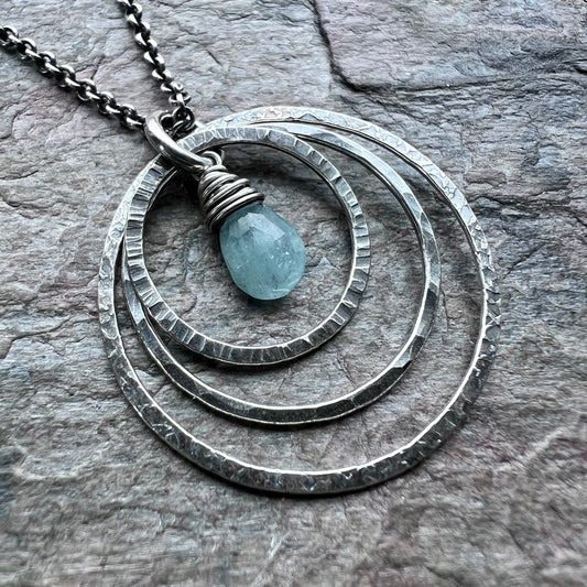 Aquamarine Sterling Silver Necklace - Genuine Aquamarine and Textured Silver Rings Pendant on Sterling Silver Chain