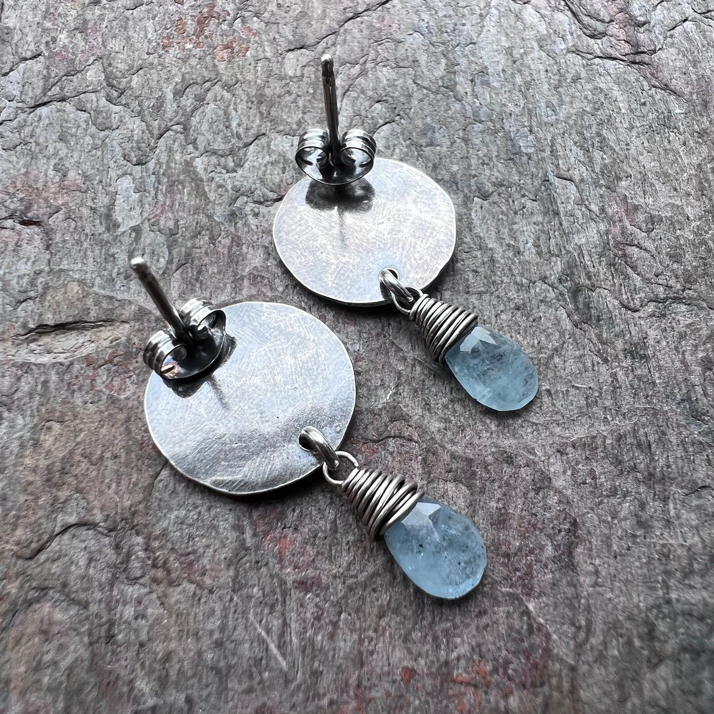 Sterling Silver Aquamarine Earrings - Genuine Aquamarine and Hammered Silver Stud Dangle Earrings - Handmade Jewelry