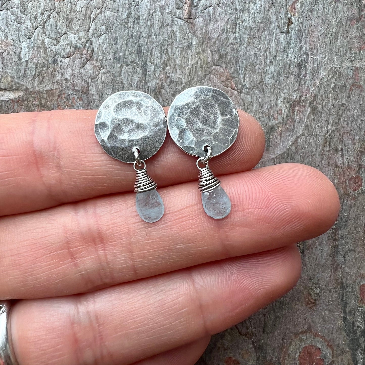 Sterling Silver Aquamarine Earrings - Genuine Aquamarine and Hammered Silver Stud Dangle Earrings - Handmade Jewelry