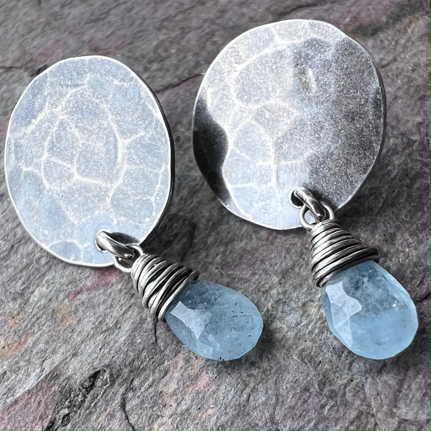 Sterling Silver Aquamarine Earrings - Genuine Aquamarine and Hammered Silver Stud Dangle Earrings - Handmade Jewelry