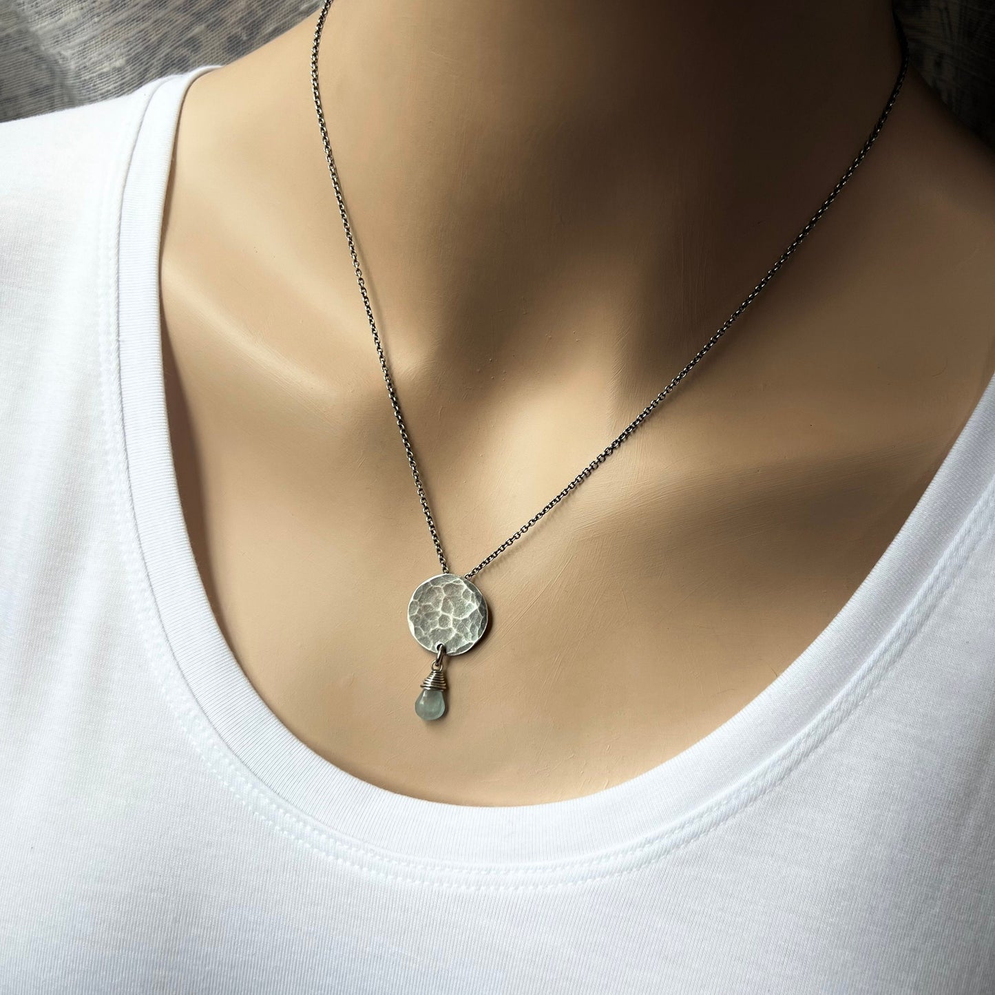 Aquamarine Sterling Silver Necklace - Genuine Aquamarine Teardrop on Hammered Sterling Silver Circle Necklace