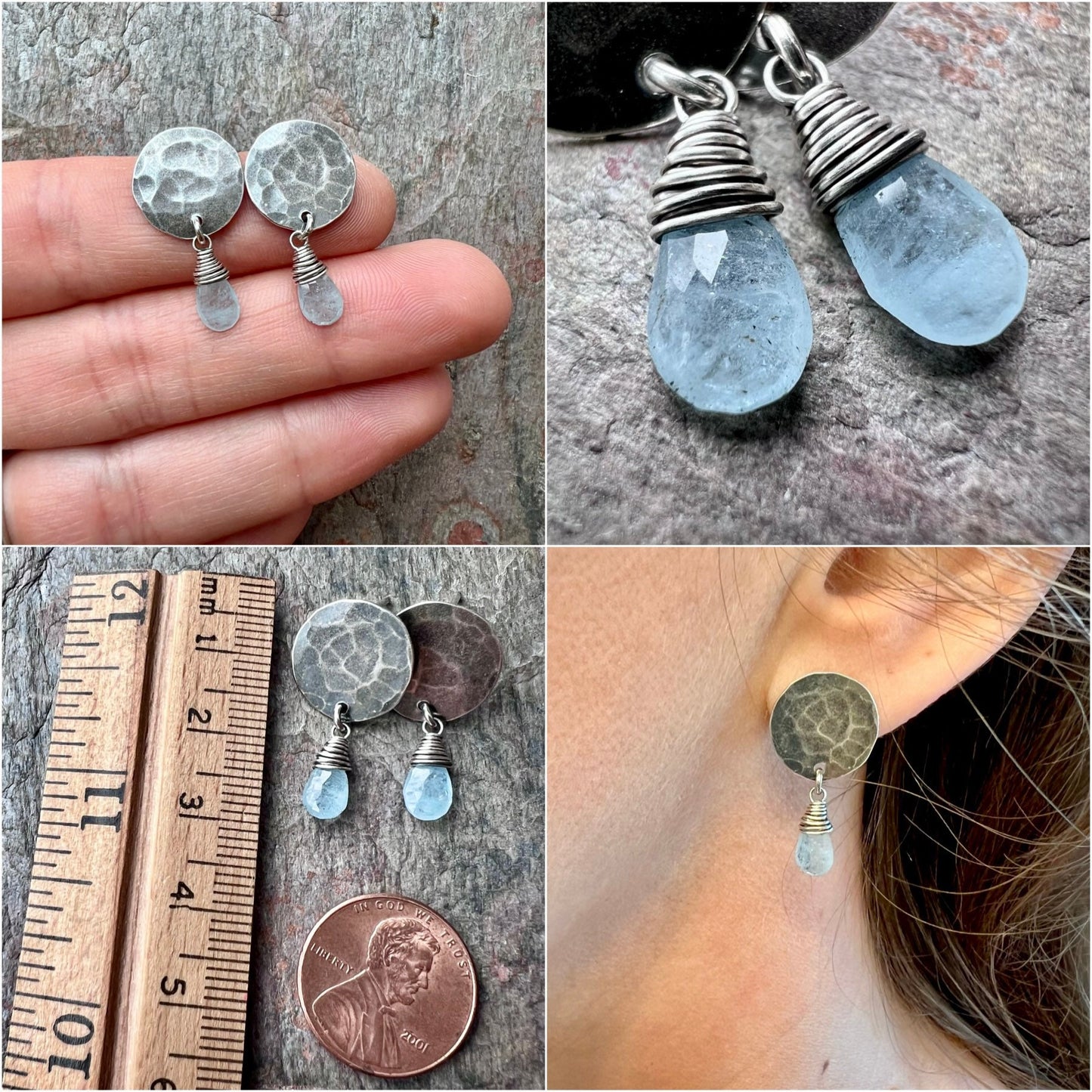 Sterling Silver Aquamarine Earrings - Genuine Aquamarine and Hammered Silver Stud Dangle Earrings - Handmade Jewelry