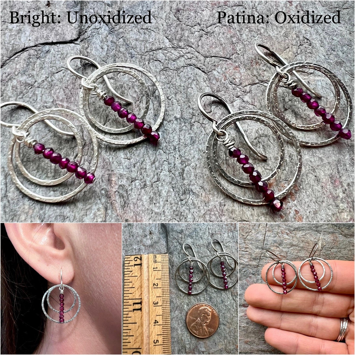 Rhodolite Garnet Sterling Silver Earrings - Faceted Rhodolite Garnet and Sterling Silver Texture Rings