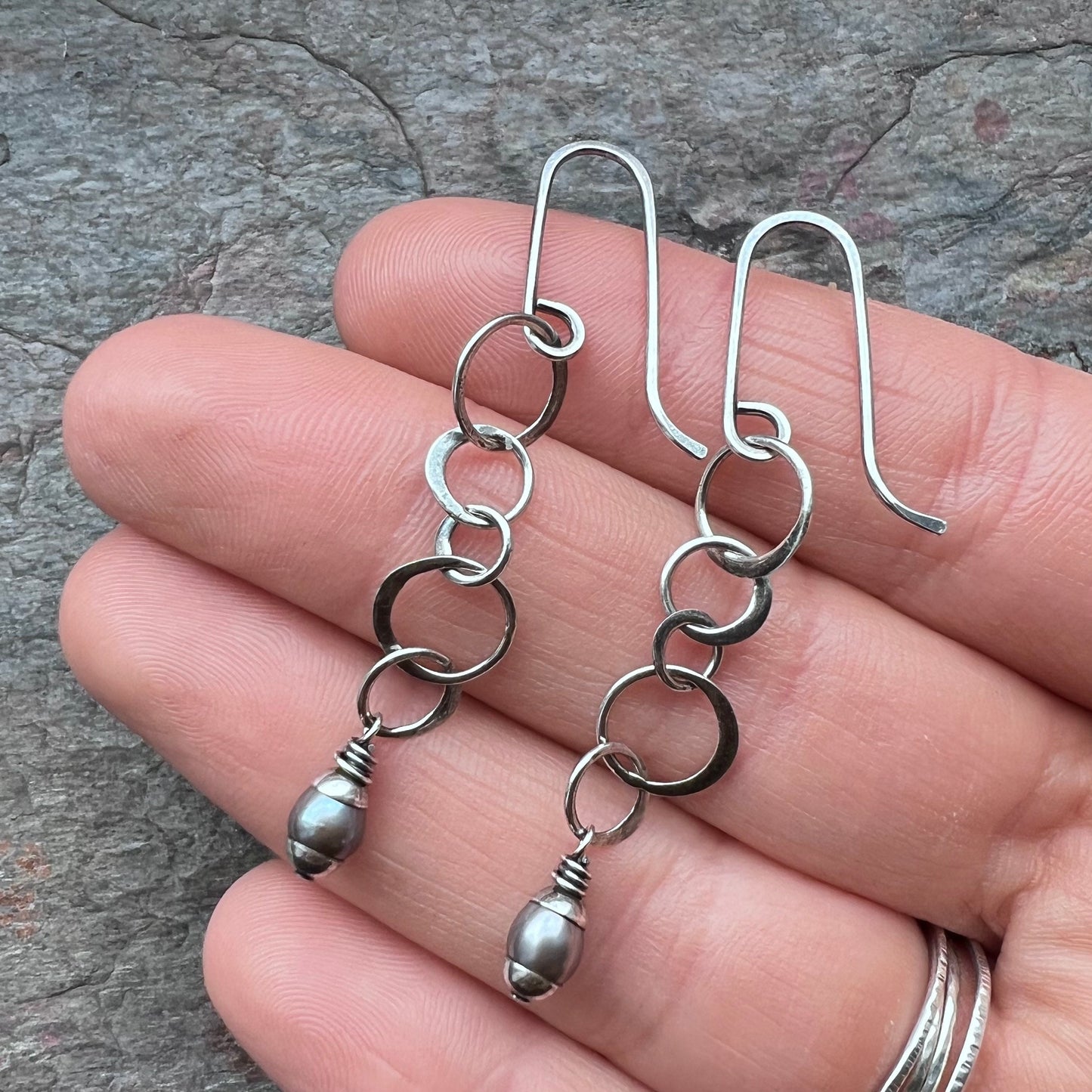 Small Gray Pearls on Sterling Silver Chain Earrings