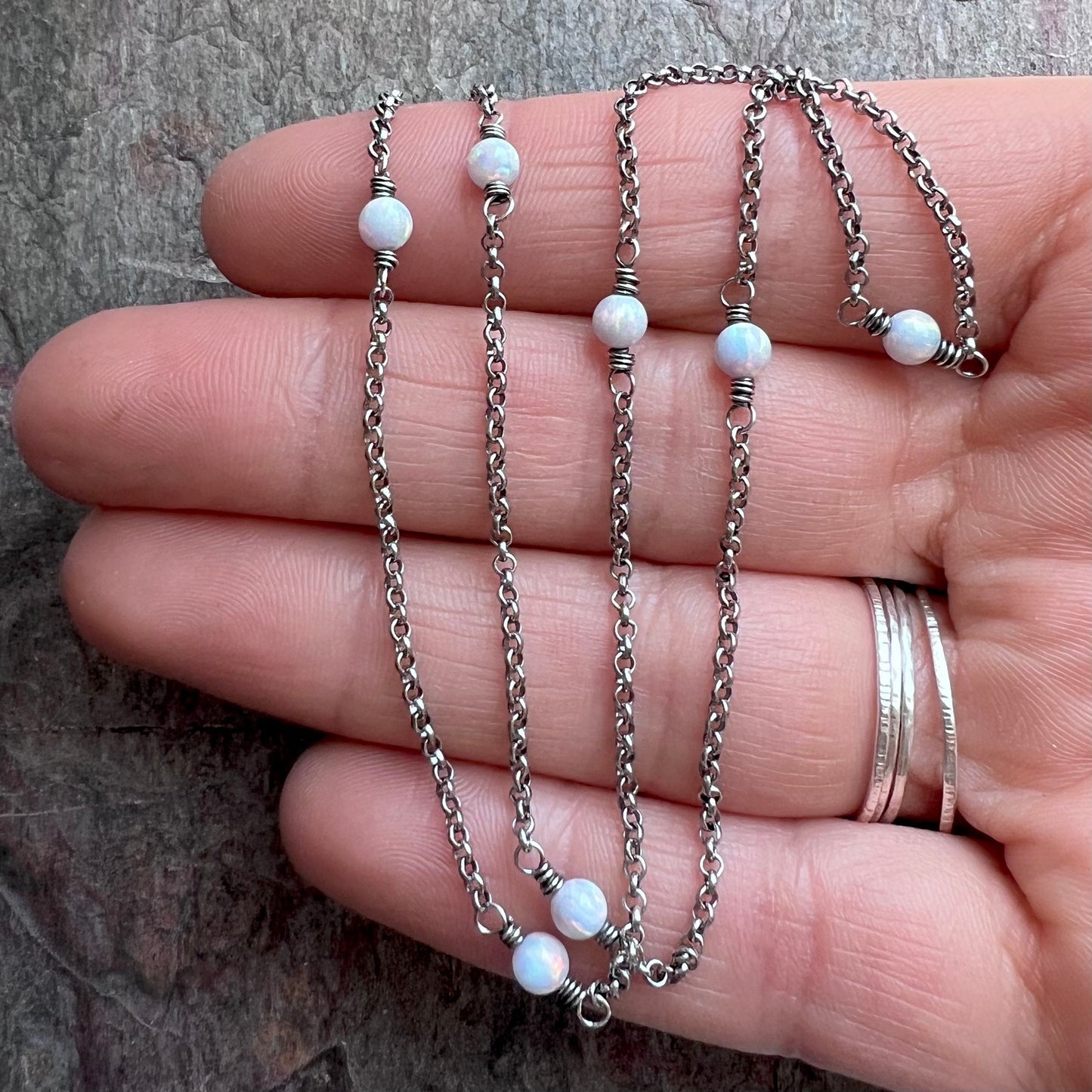 Long Sterling Silver Opal Necklace - Simulated Opal and Sterling Silver Chain Necklace