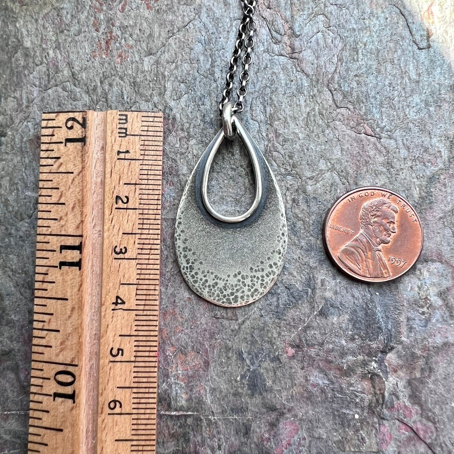 Sterling Silver Teardrop Necklace - Textured Sterling Silver Open Teardrop on Sterling Silver Chain