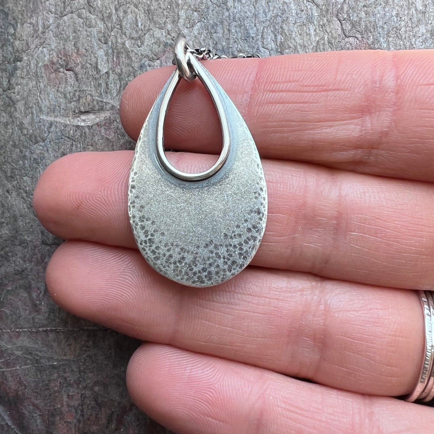 Sterling Silver Teardrop Necklace - Textured Sterling Silver Open Teardrop on Sterling Silver Chain