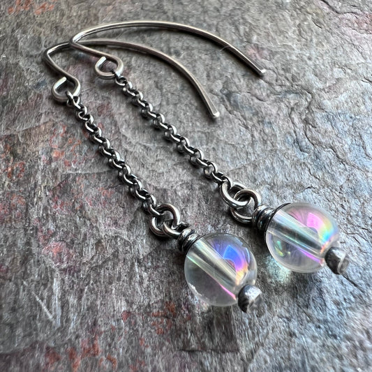 Sterling Silver Mystic Quartz Earrings - Mystic Rock Crystal Quartz Round Beads on Sterling Silver Chains Earrings