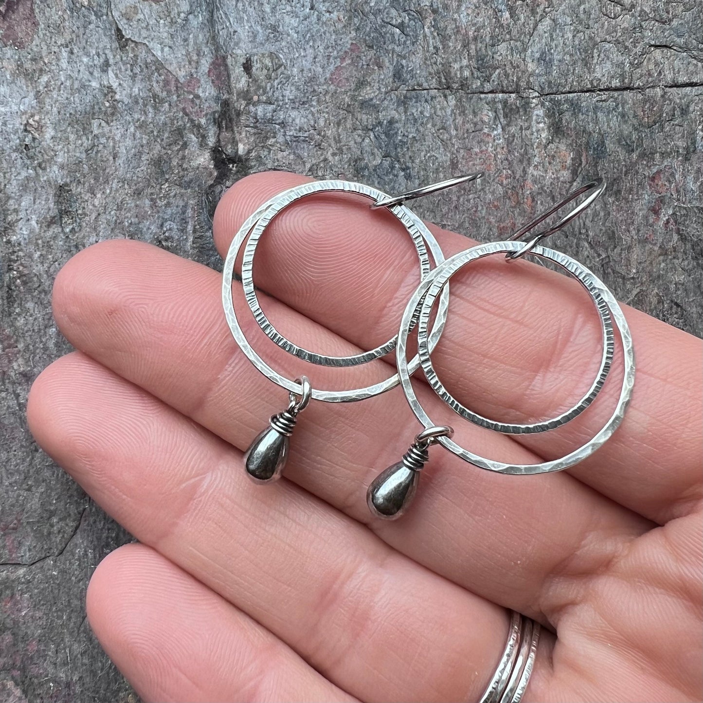 Sterling Silver Teardrop Hoop Earrings - Hammered Sterling Silver Hoops with Smooth Teardrop Earrings