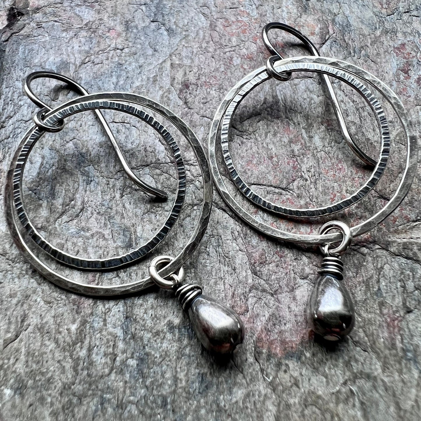 Sterling Silver Teardrop Hoop Earrings - Hammered Sterling Silver Hoops with Smooth Teardrop Earrings