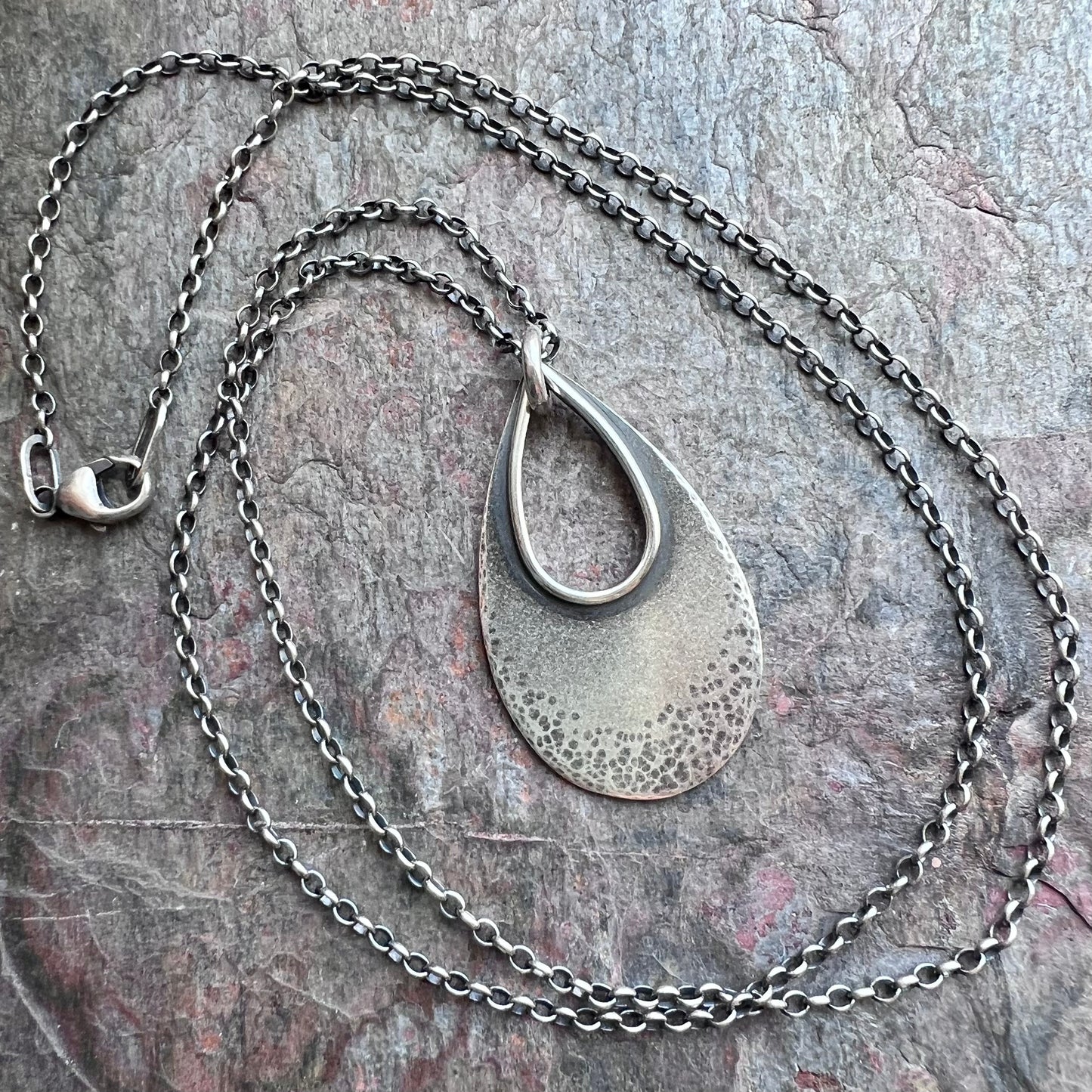 Sterling Silver Teardrop Necklace - Textured Sterling Silver Open Teardrop on Sterling Silver Chain