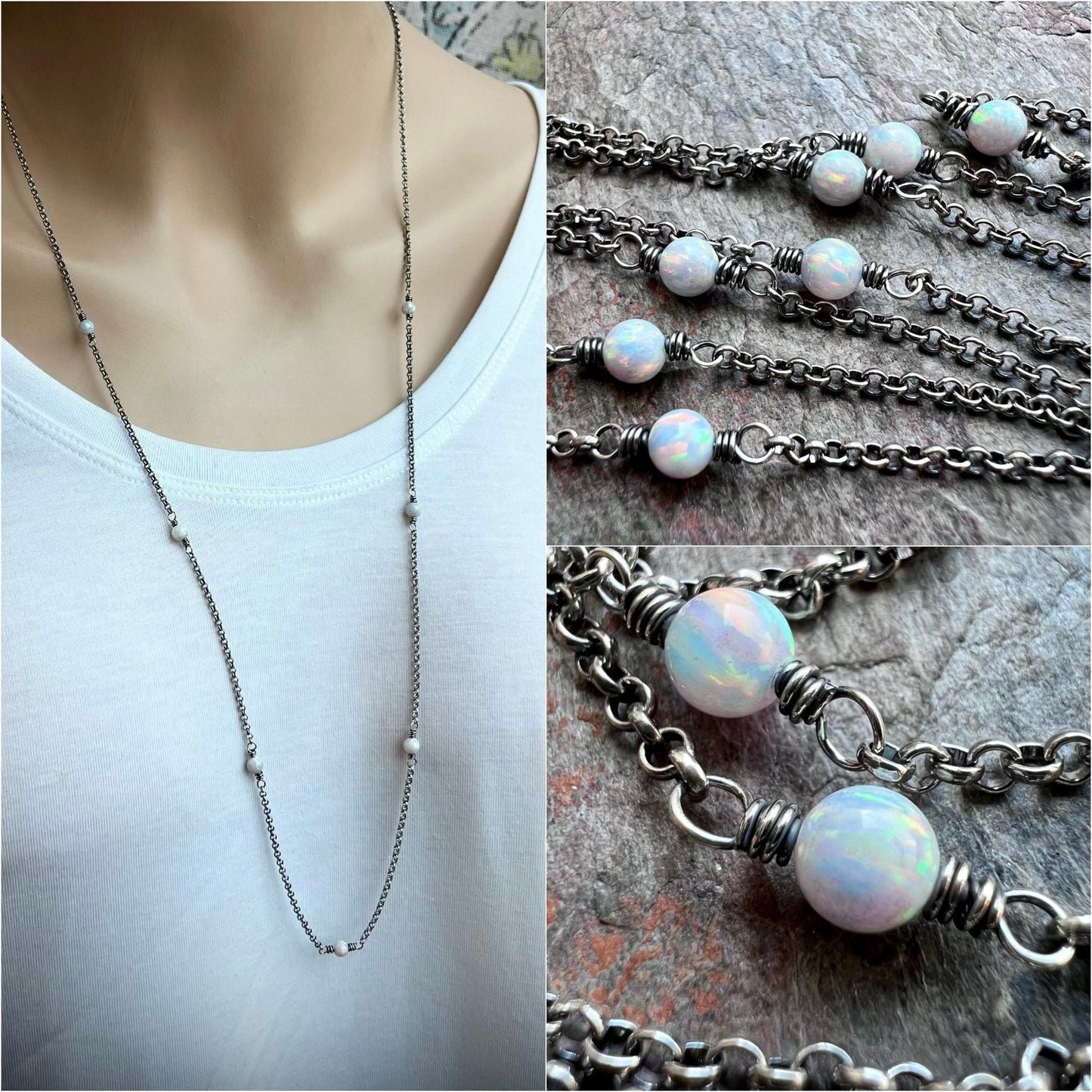 Long Sterling Silver Opal Necklace - Simulated Opal and Sterling Silver Chain Necklace