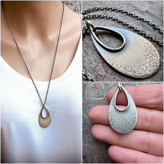 Sterling Silver Teardrop Necklace - Textured Sterling Silver Open Teardrop on Sterling Silver Chain