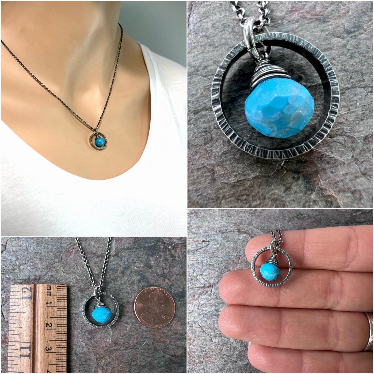 Turquoise Sterling Silver Necklace - Faceted Turquoise Pendant in Textured Circle on Sterling Silver Chain