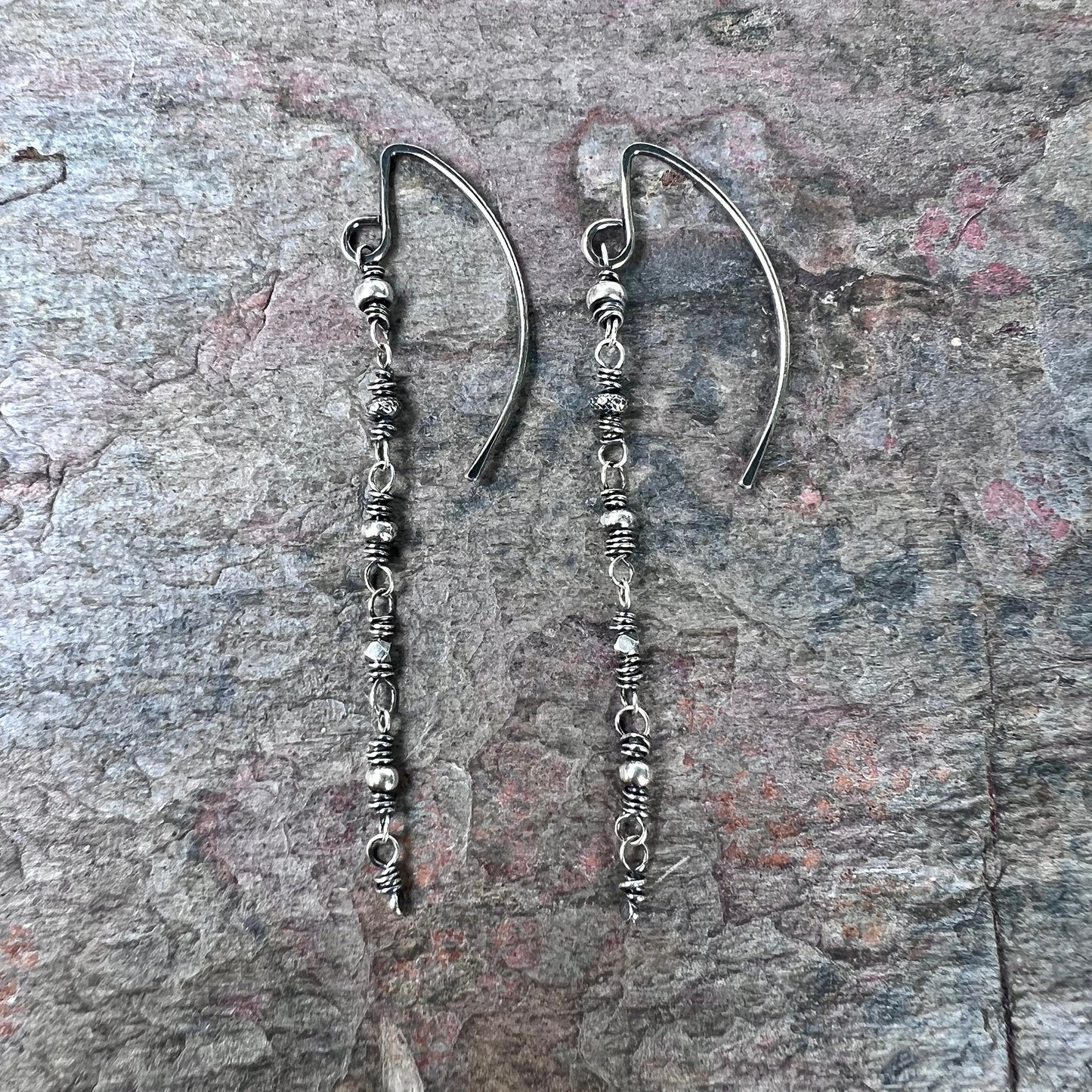 Long Sterling Silver Wire-wrapped Beaded Earrings - Modern and Lightweight Everyday Earrings