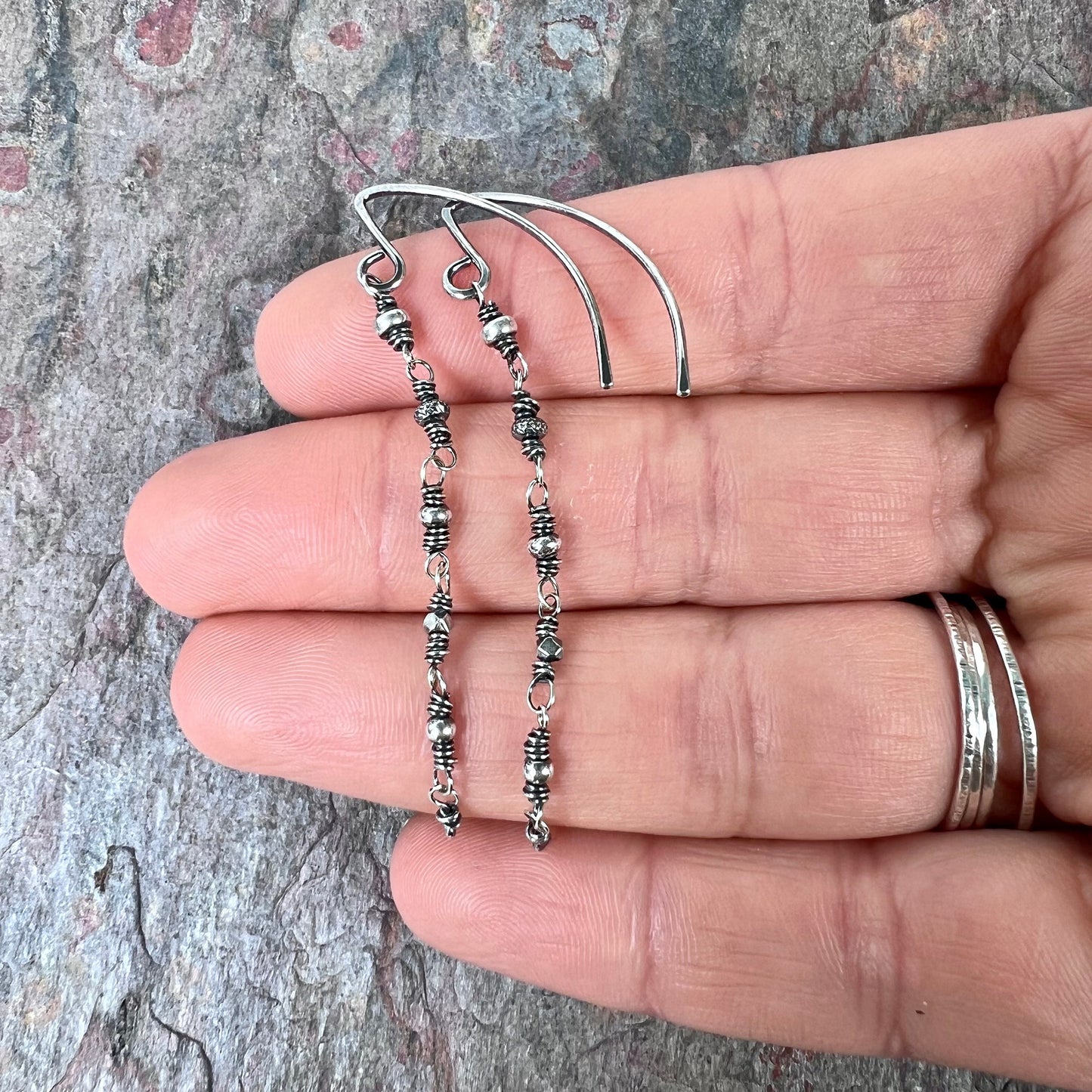 Long Sterling Silver Wire-wrapped Beaded Earrings - Modern and Lightweight Everyday Earrings