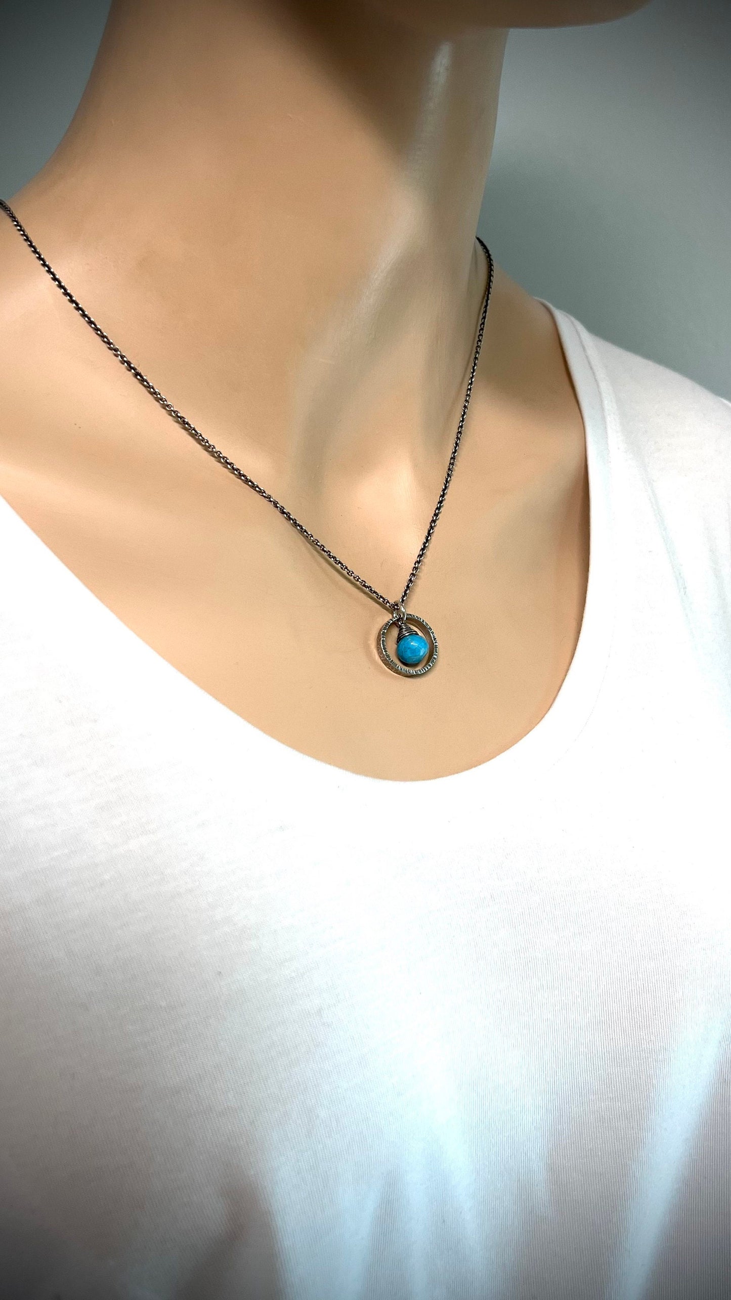 Turquoise Sterling Silver Necklace - Faceted Turquoise Pendant in Textured Circle on Sterling Silver Chain