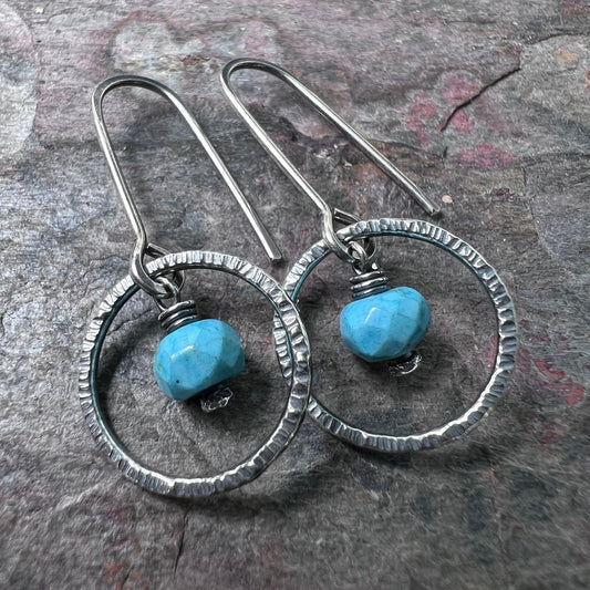Turquoise Sterling Silver Earrings - Faceted Turquoise in Textured Sterling Silver Circles