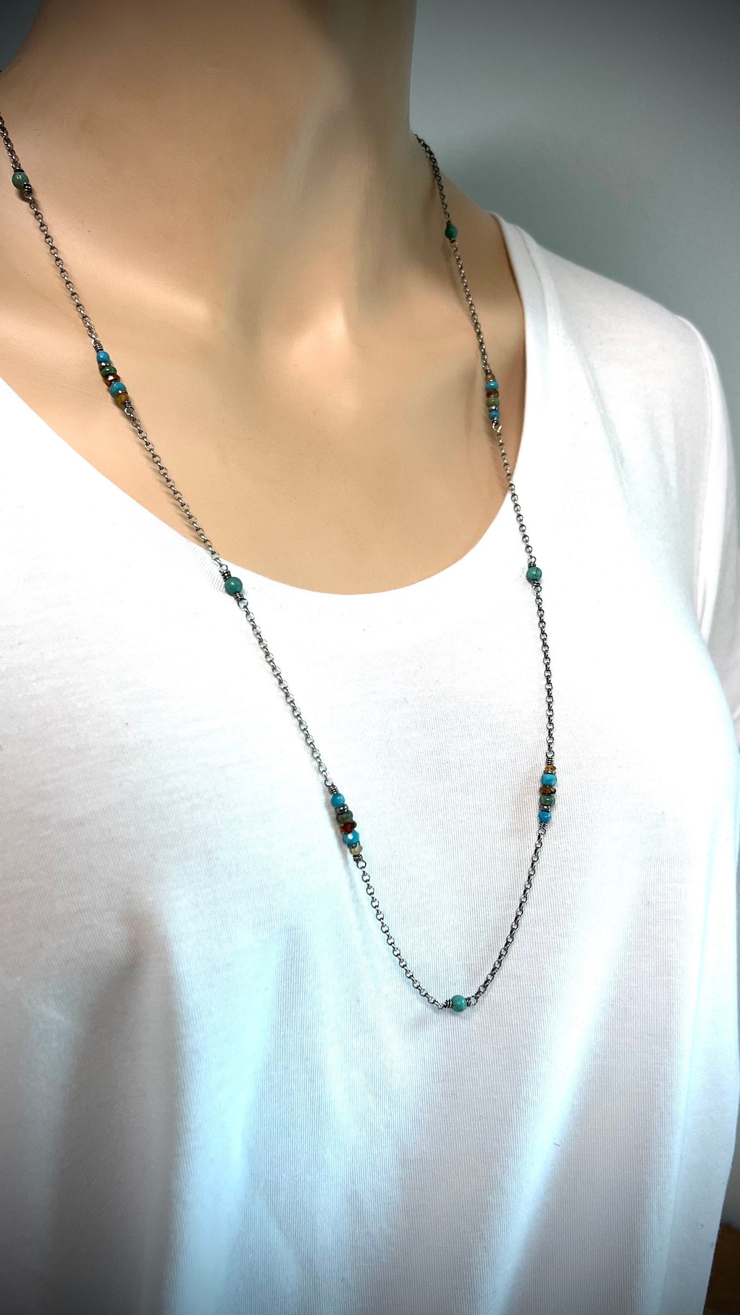 Sterling Silver Turquoise and Hessonite Garnet Necklace