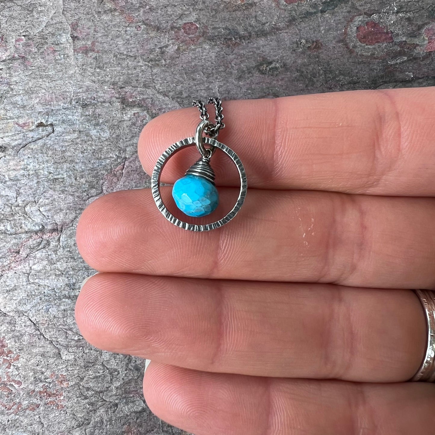 Turquoise Sterling Silver Necklace - Faceted Turquoise Pendant in Textured Circle on Sterling Silver Chain