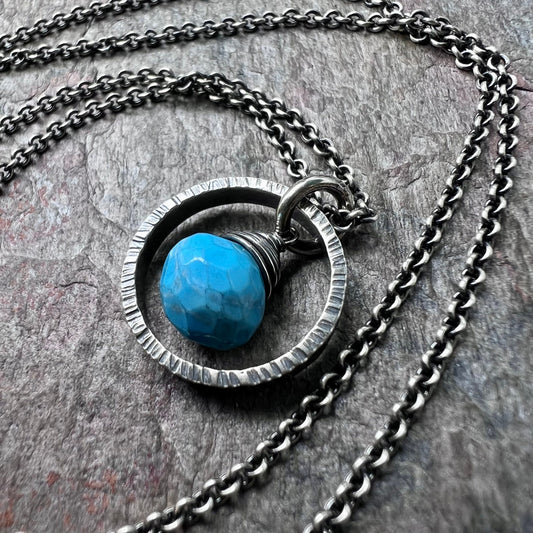 Turquoise Sterling Silver Necklace - Faceted Turquoise Pendant in Textured Circle on Sterling Silver Chain