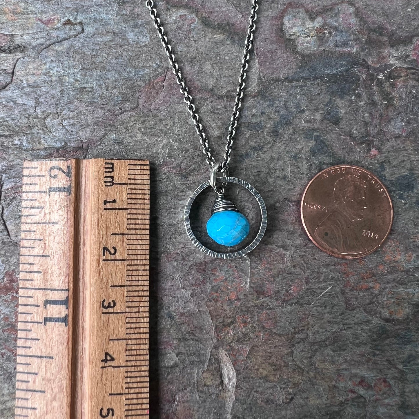 Turquoise Sterling Silver Necklace - Faceted Turquoise Pendant in Textured Circle on Sterling Silver Chain