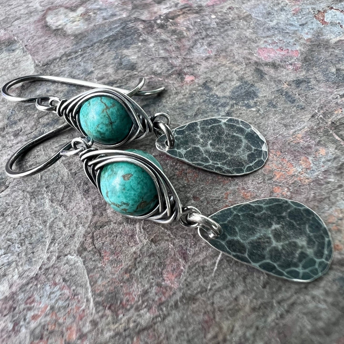 Turquoise Sterling Silver Earrings - Wire-wrapped Turquoise and Hammered Sterling Silver Teardrops Earrings