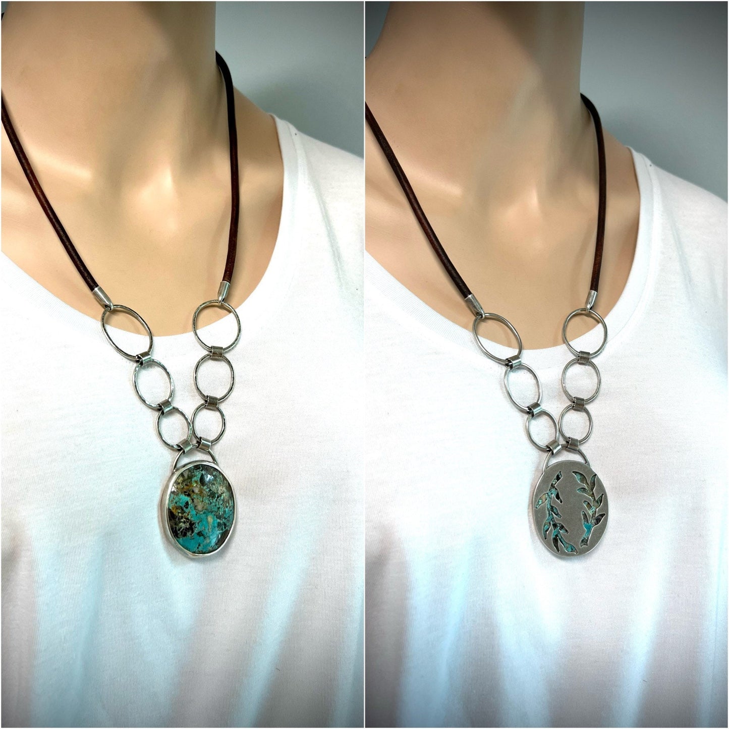 Turquoise Sterling Silver Necklace - Handmade One-of-a-kind Pendant on Genuine Leather Cord