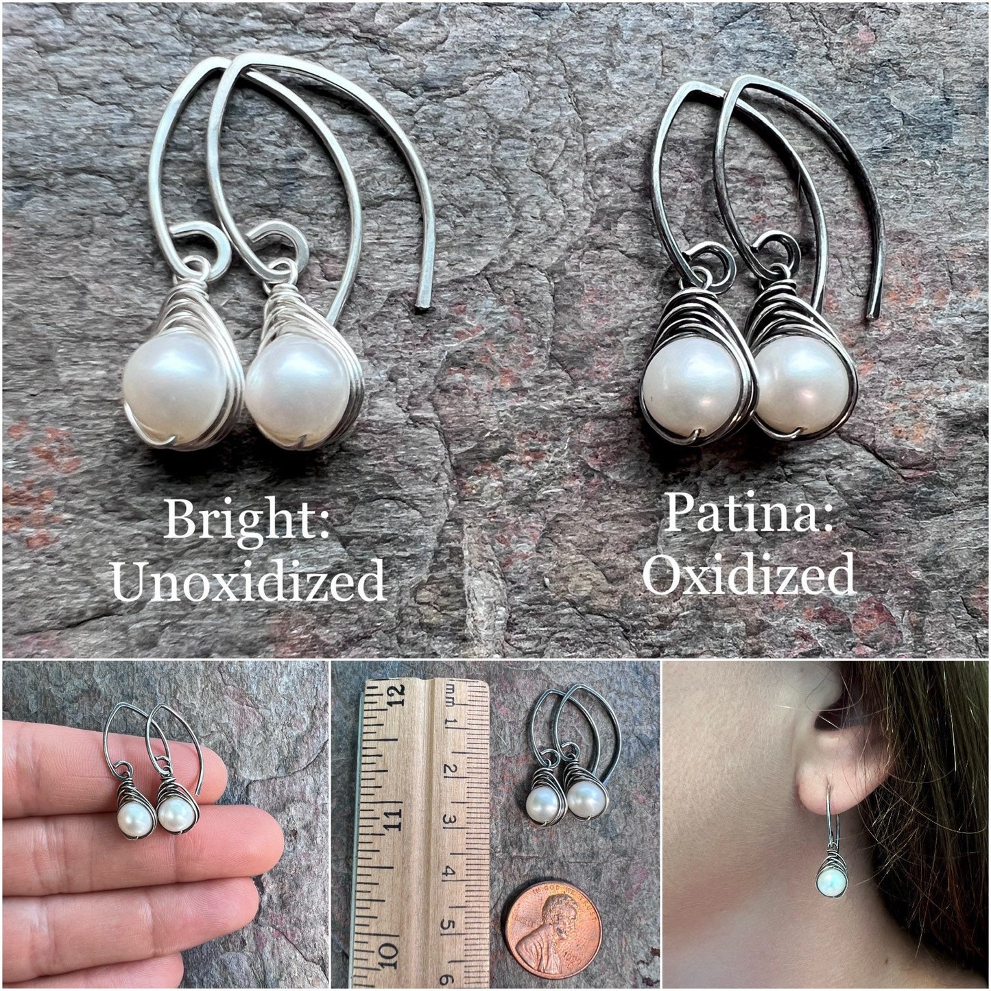 Sterling Silver Pearl Earrings - Genuine Freshwater Pearls Wrapped in Sterling Silver Wire