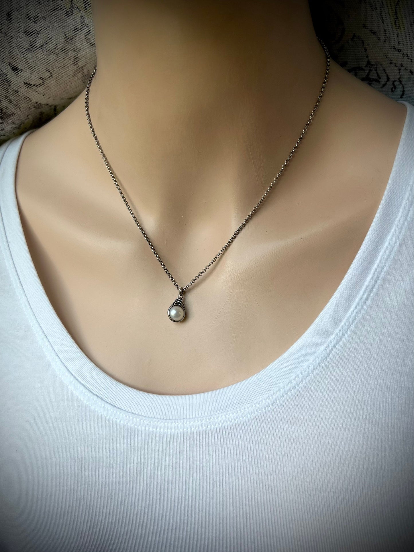 Sterling Silver Pearl Necklace - Genuine Freshwater Pearl Wire-Wrapped Pendant on Sterling Silver Chain
