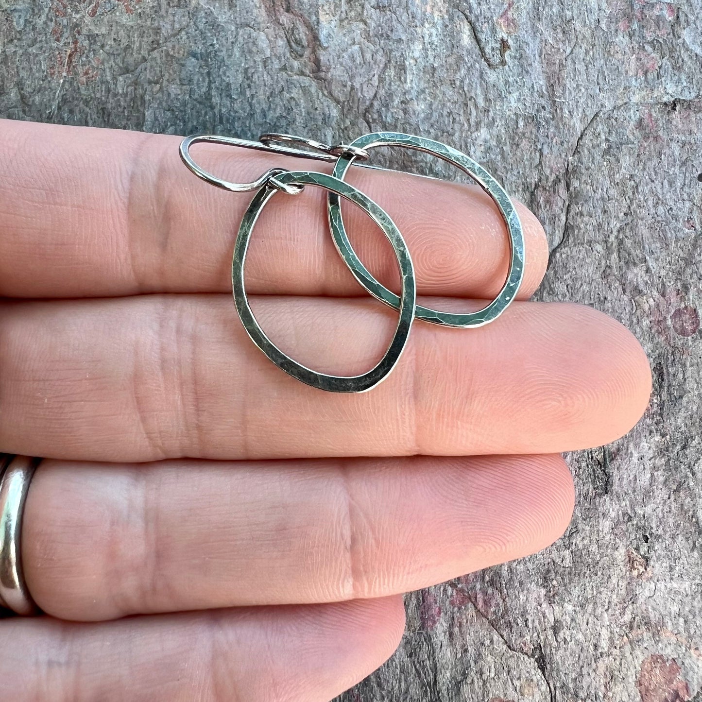 Sterling Silver Hammered Earrings - Handmade Sterling Silver Freeform Organic Oval Earrings