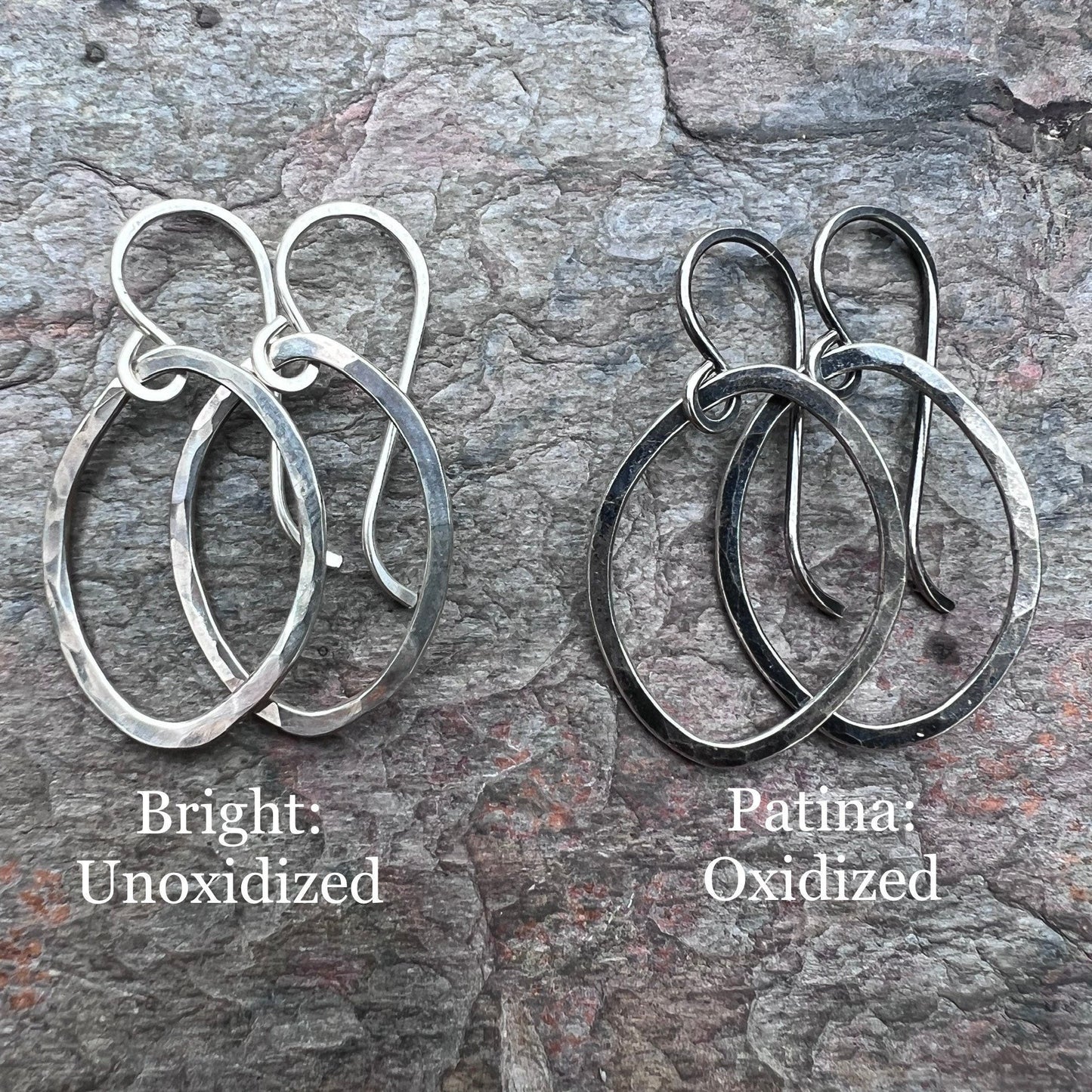 Sterling Silver Hammered Earrings - Handmade Sterling Silver Freeform Organic Oval Earrings