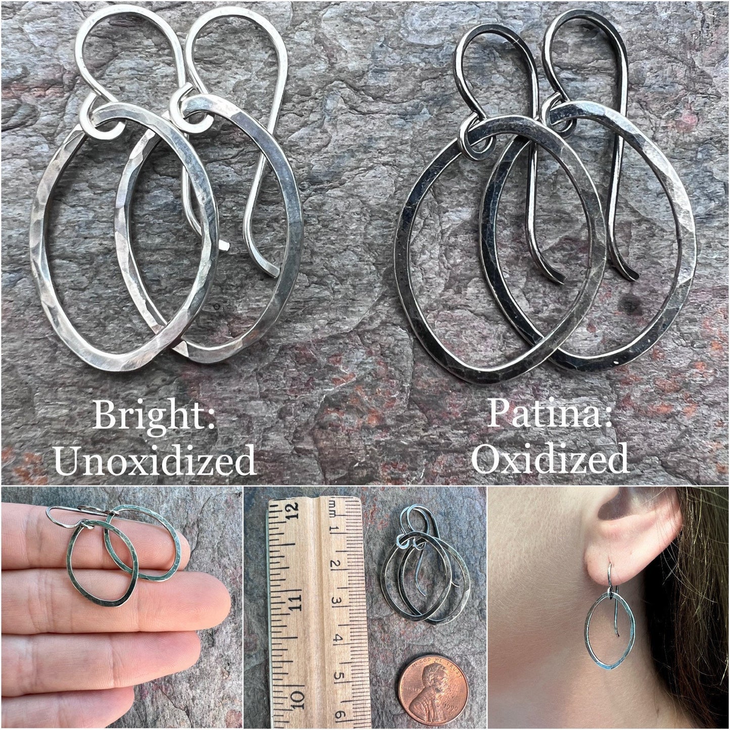 Sterling Silver Hammered Earrings - Handmade Sterling Silver Freeform Organic Oval Earrings