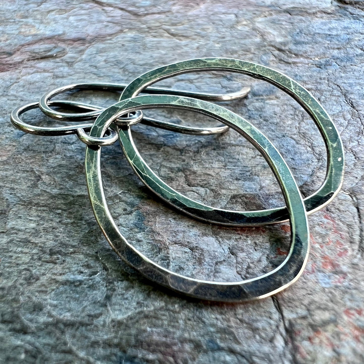 Sterling Silver Hammered Earrings - Handmade Sterling Silver Freeform Organic Oval Earrings