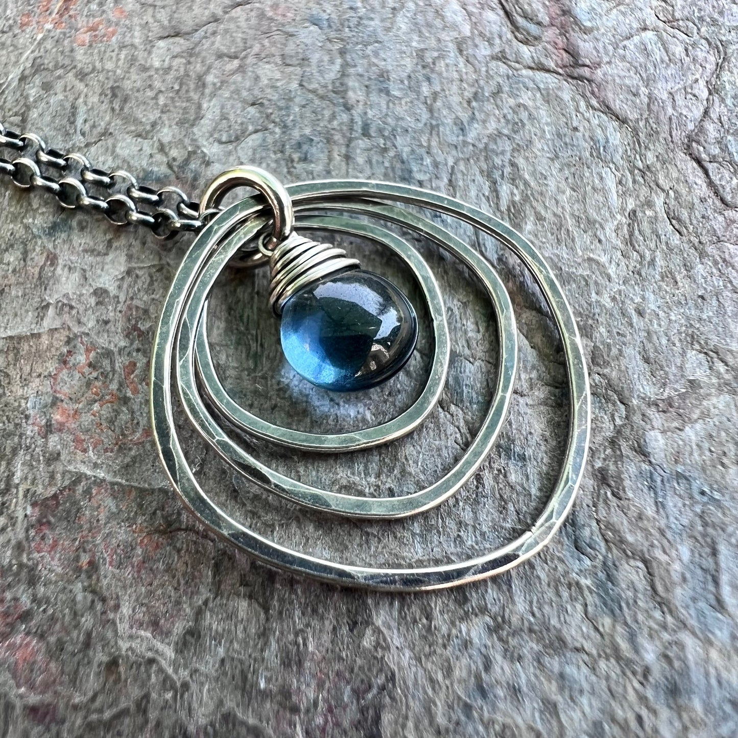 Silver Blue Hydro Quartz Necklace - Hydro Quartz in Hammered Freeform Squares Pendant on Sterling Silver Chain