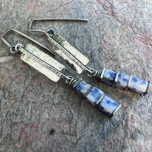 Lapis Lazuli Sterling Silver Earrings - Lapis Lazuli Cubes on Hammered Sterling Silver Rectangles