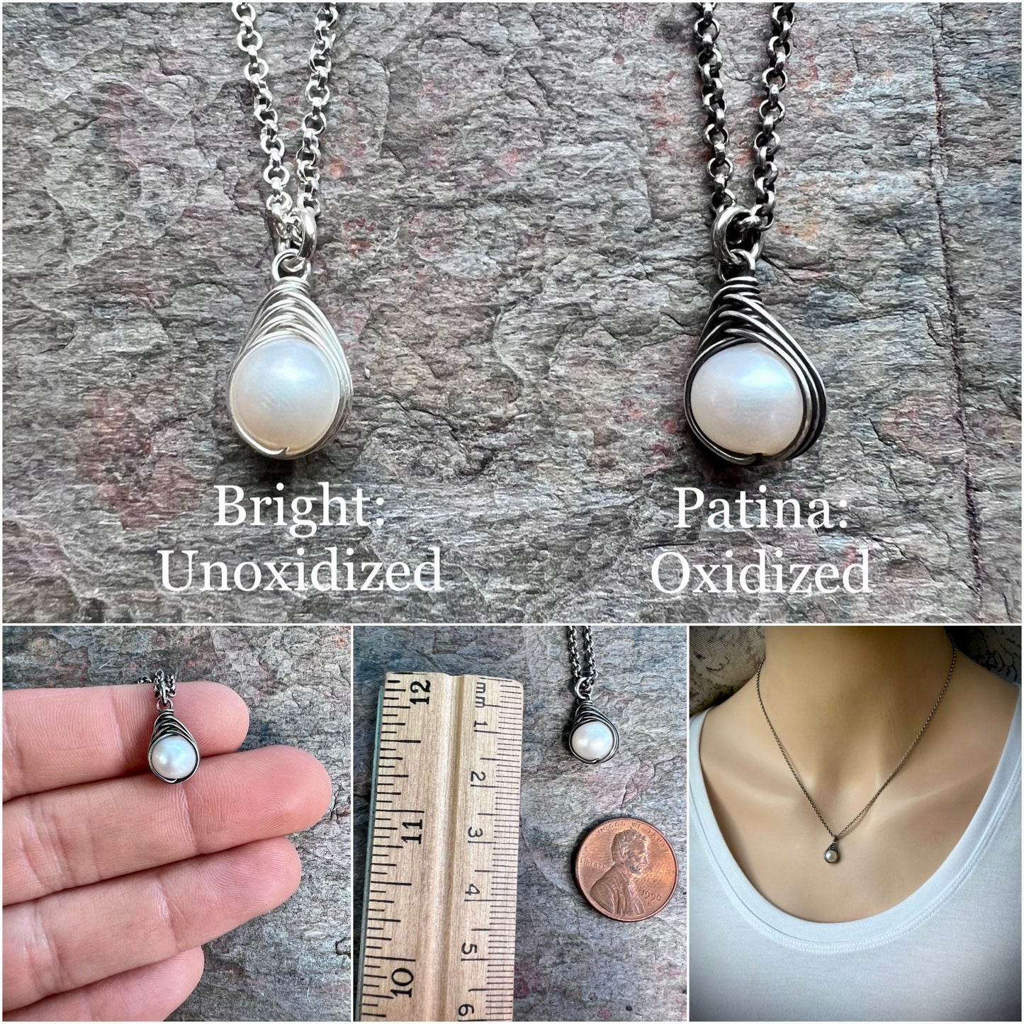 Sterling Silver Pearl Necklace - Genuine Freshwater Pearl Wire-Wrapped Pendant on Sterling Silver Chain