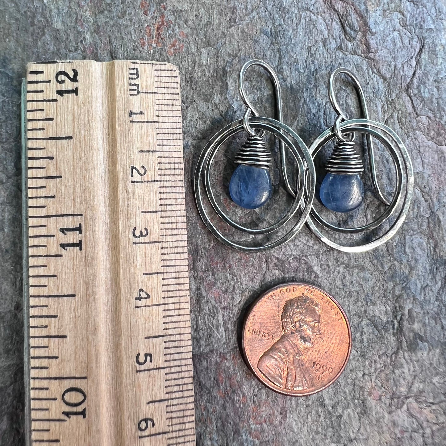 Kyanite Sterling Silver Earrings - Kyanite Teardrops in Hammed Sterling Silver Oval Earrings