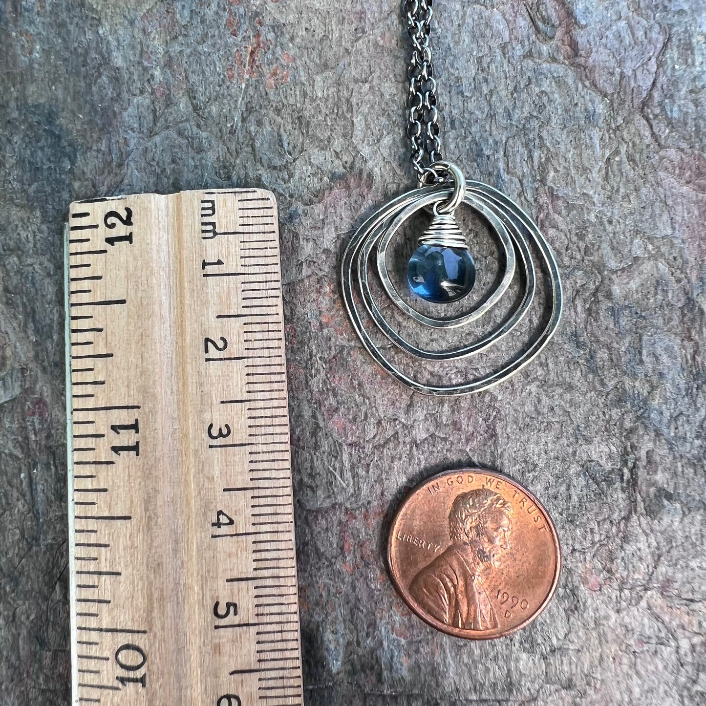 Sterling Silver Quartz Necklace - Blue Hydro Quartz in Hammered Silver Pendant on Sterling Silver Chain