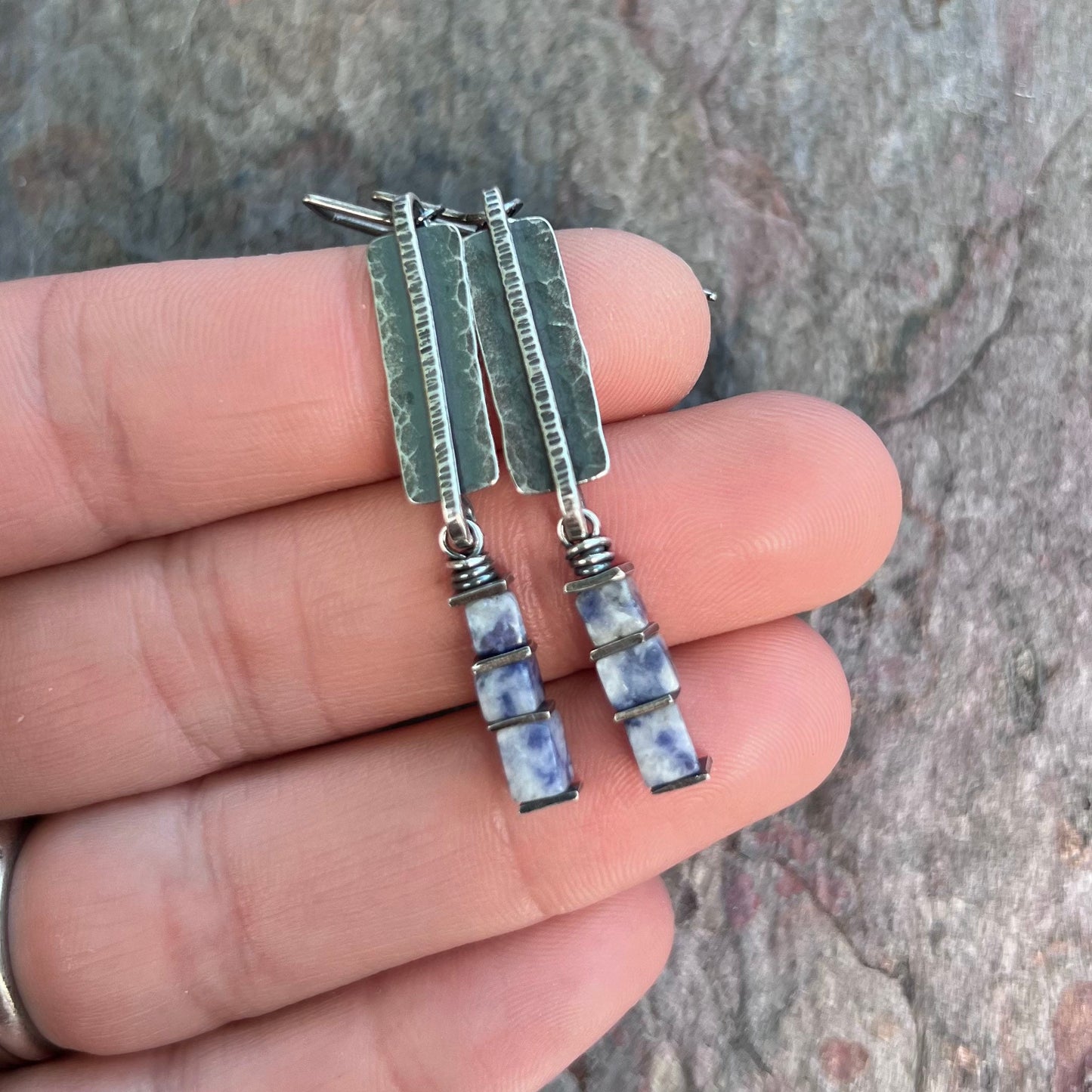 Lapis Lazuli Sterling Silver Earrings - Lapis Lazuli Cubes on Hammered Sterling Silver Rectangles